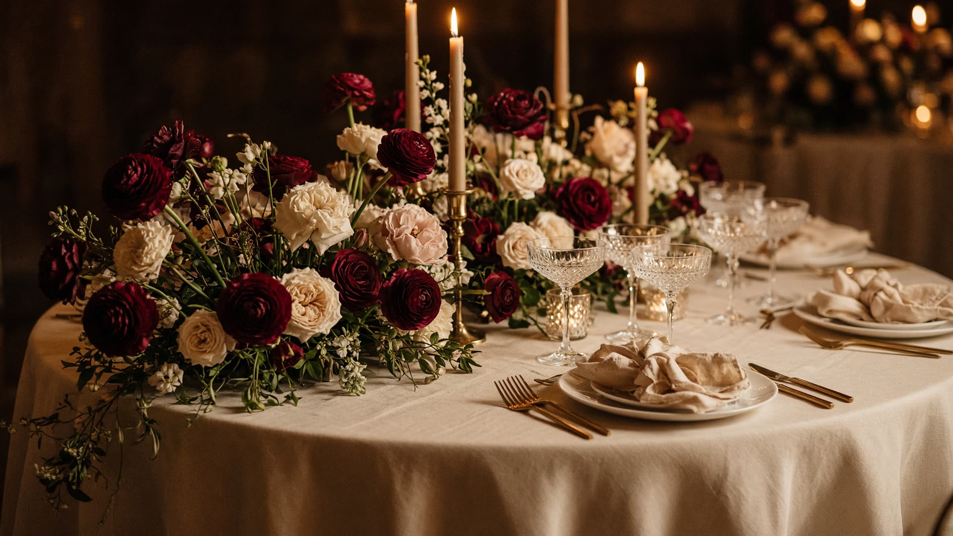 Candlelit reception table with burgundy roses, ivory linen, and crystal glasses
